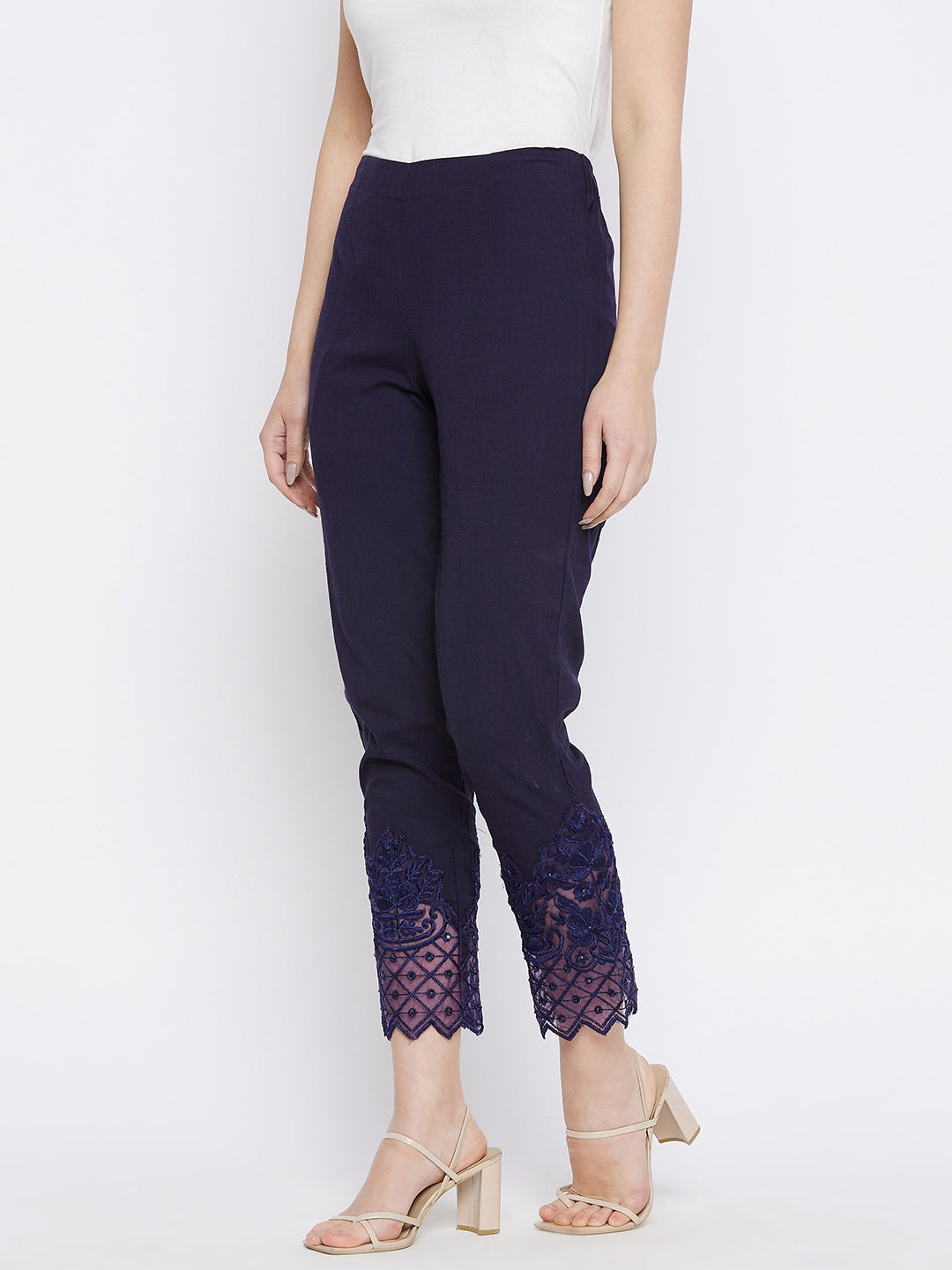 Navy Blue Embroidery Lace Cotton Lycra Pants