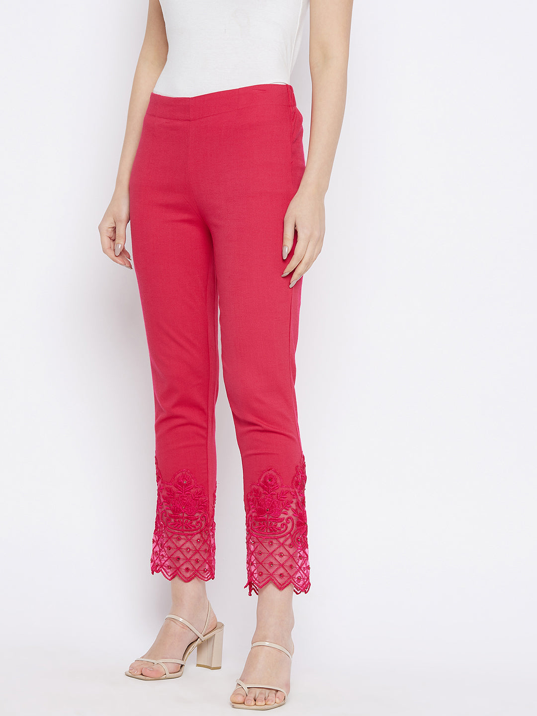 Pink Embroidery Lace Cotton Lycra Pants