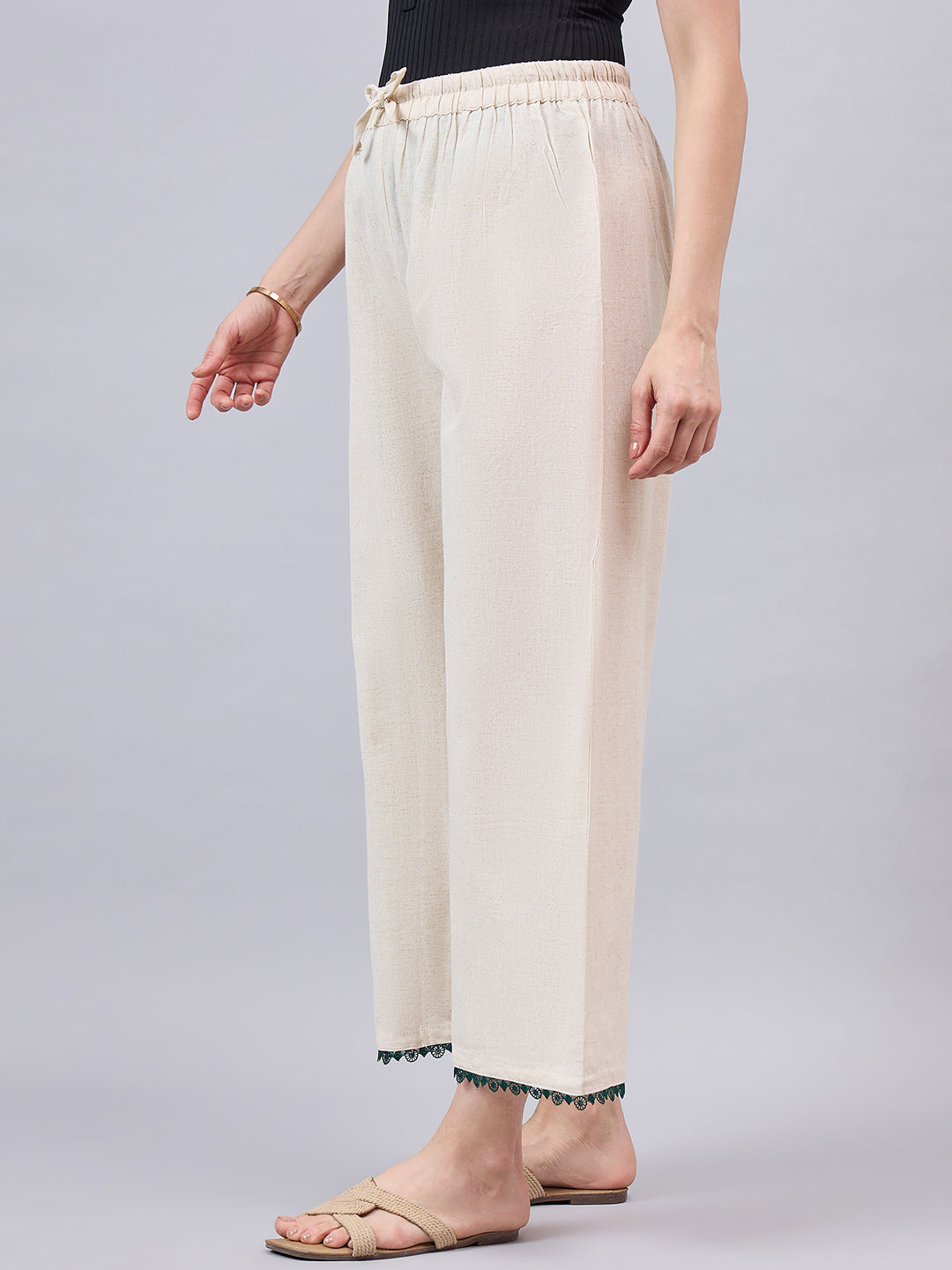 Cotton Palazzo With Dark Green Lace Detailing