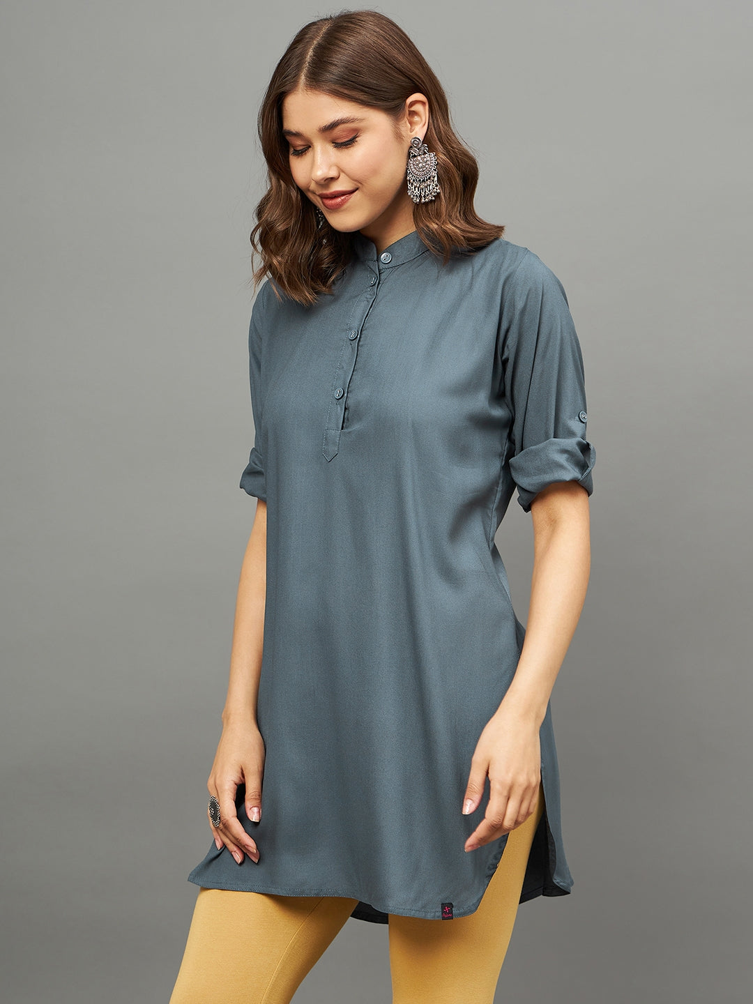 Dark Grey Solid Coloured Short Kurti - 32" Length