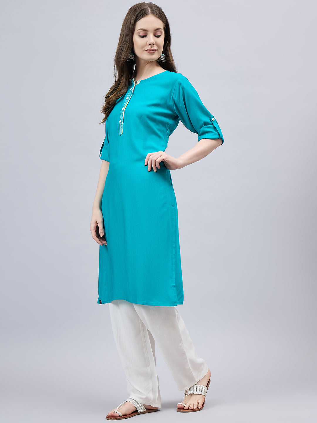 Turquoise Round Neck Straight Fit Rayon Kurti