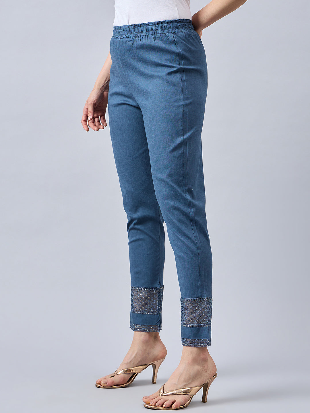 Grey Embroidery Cotton Lycra Pants