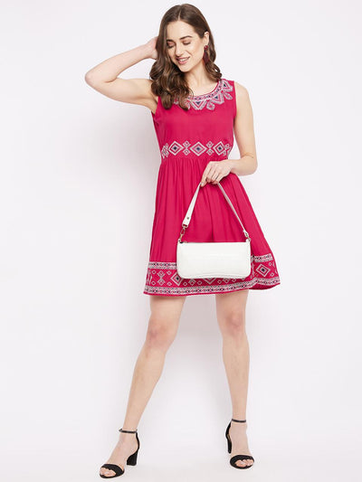 Pink Rayon Embroidered Sleeveless Short Dress for Women L