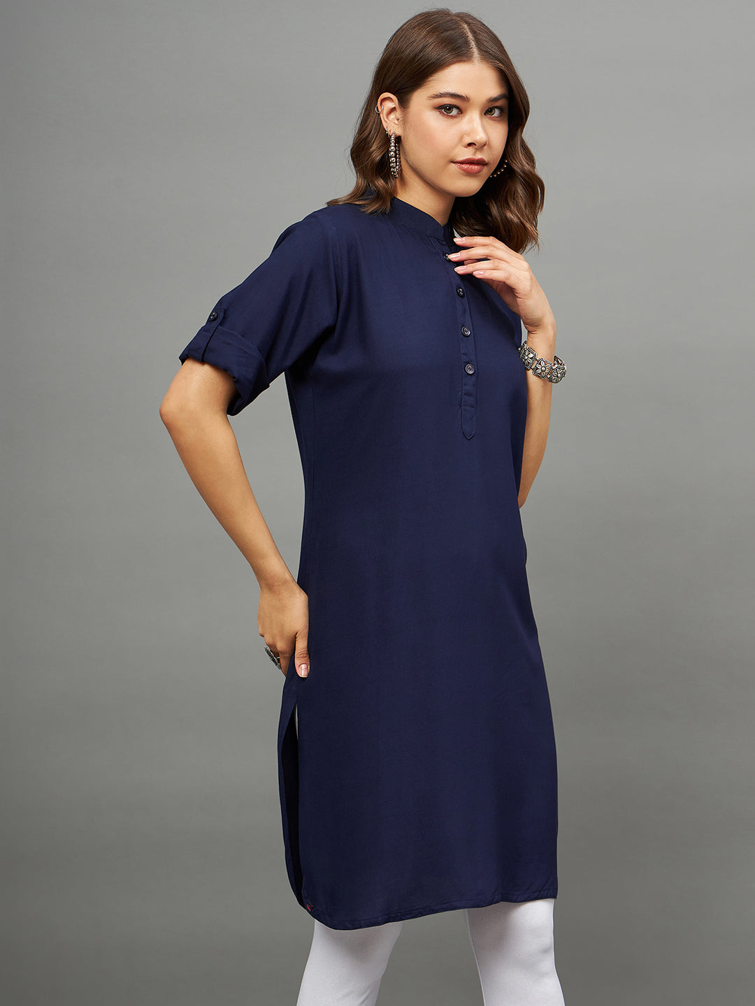 Bottle Green Solid Coloured Short Kurti - 32" Length