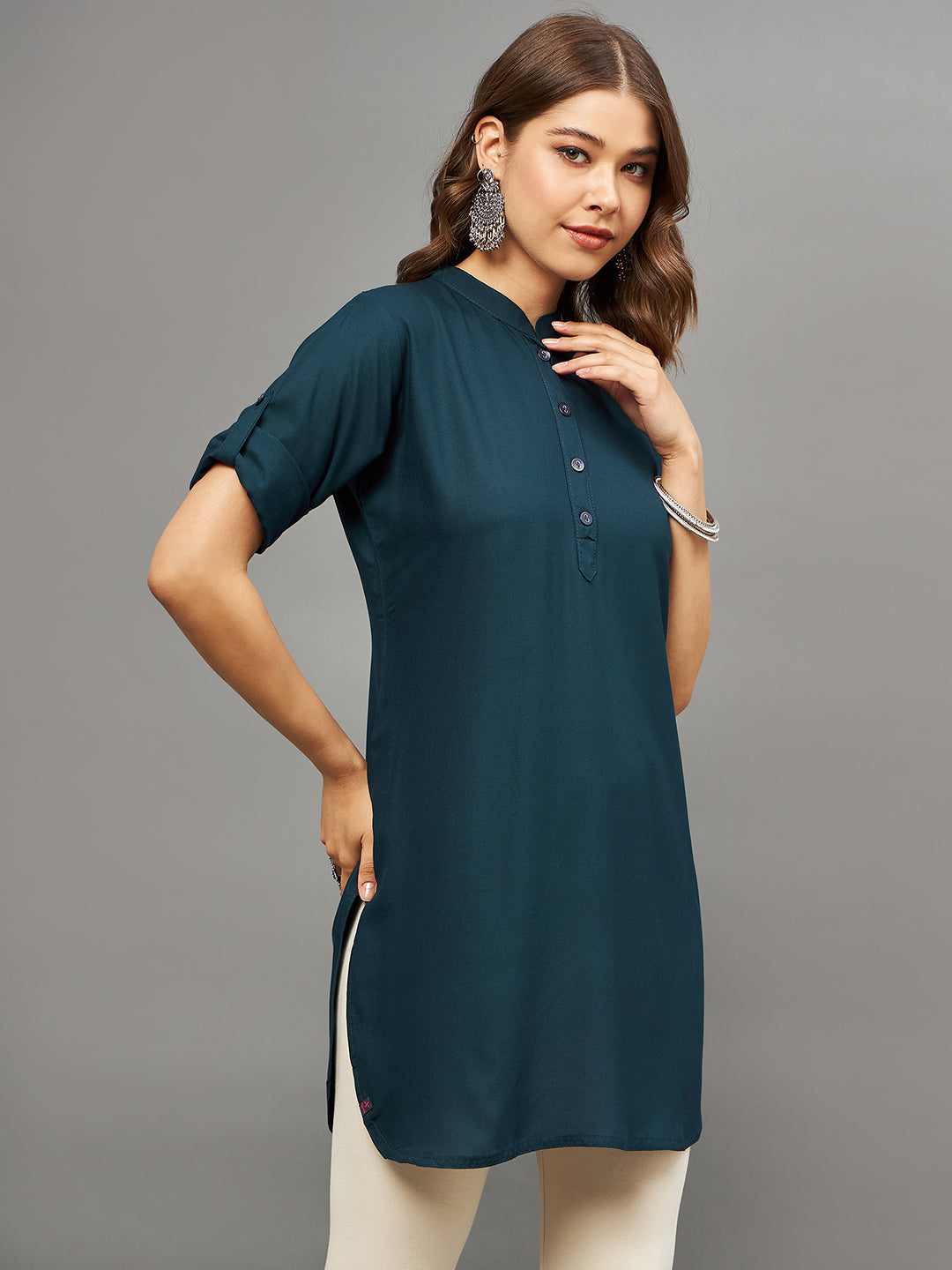 Bottle Green Solid Coloured Short Kurti - 32" Length