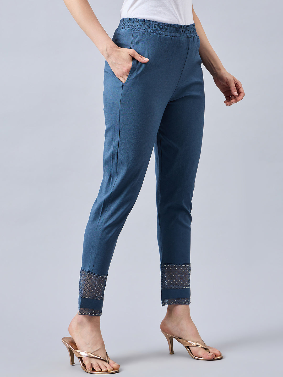 Grey Embroidery Cotton Lycra Pants