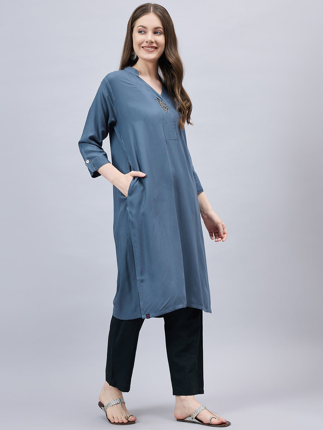 Dark Grey V-Neck Straight Fit Rayon Kurti