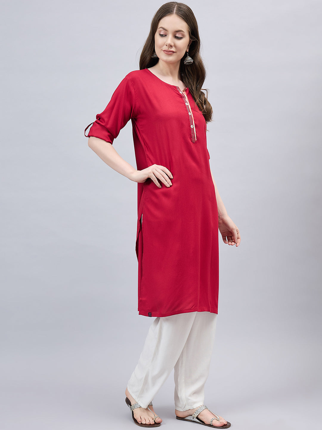 Red Round Neck Straight Fit Rayon Kurti