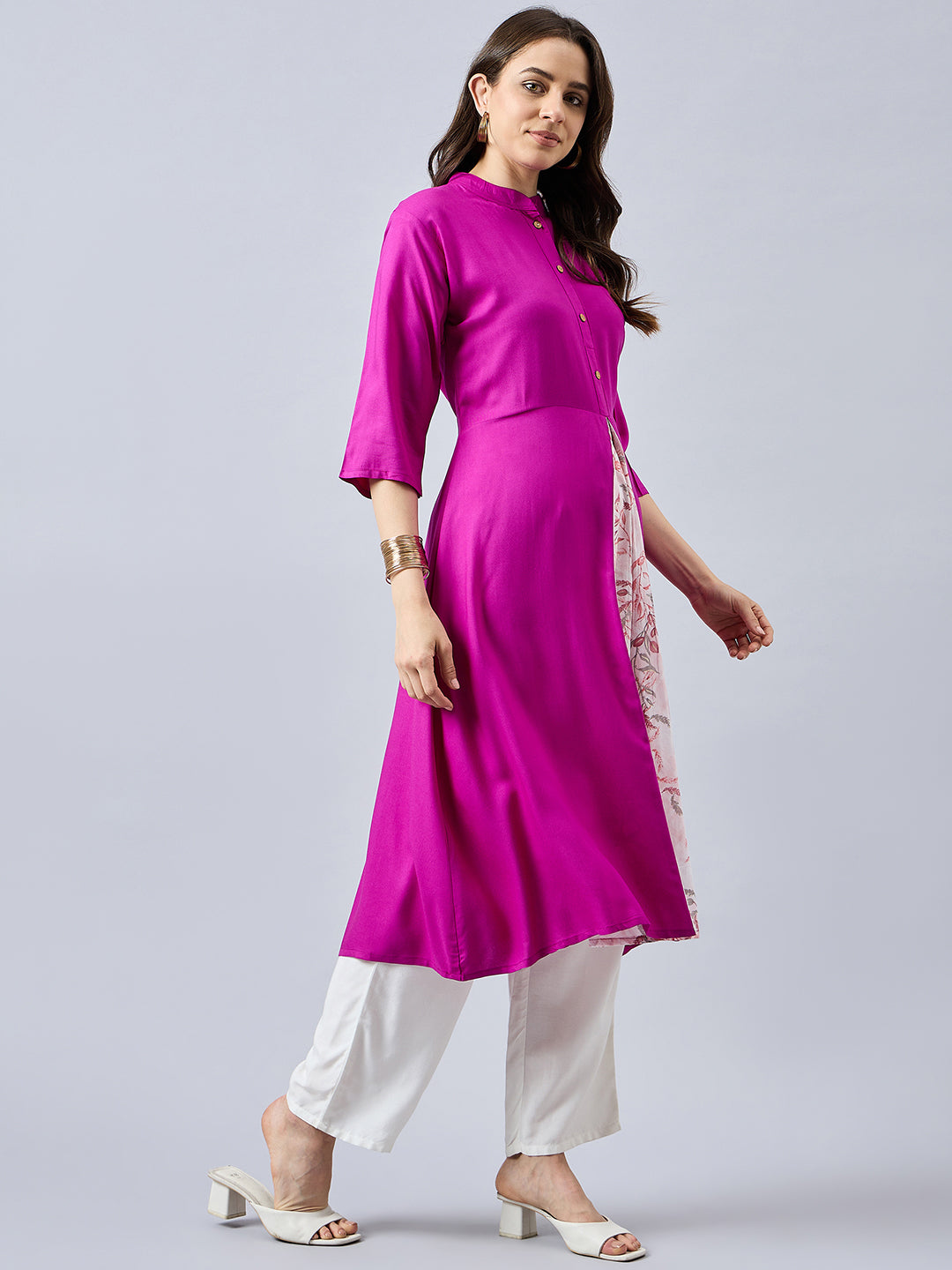 Women Mandarin Collar Anarkali Panelled Rayon Kurta