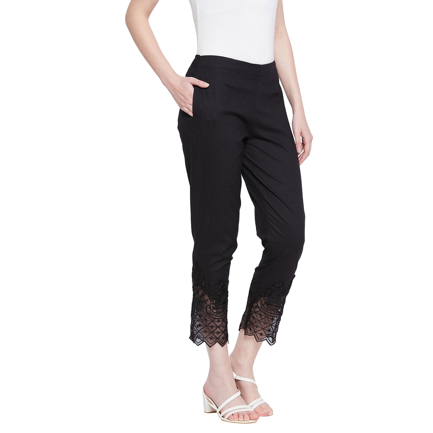 Black Embroidery Lace Cotton Lycra Pants