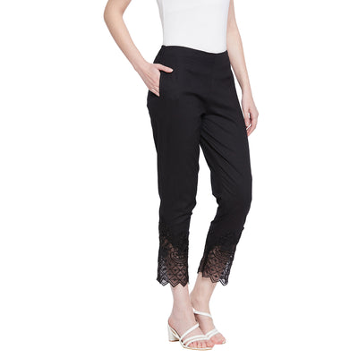 Black Embroidery Lace Cotton Lycra Pants