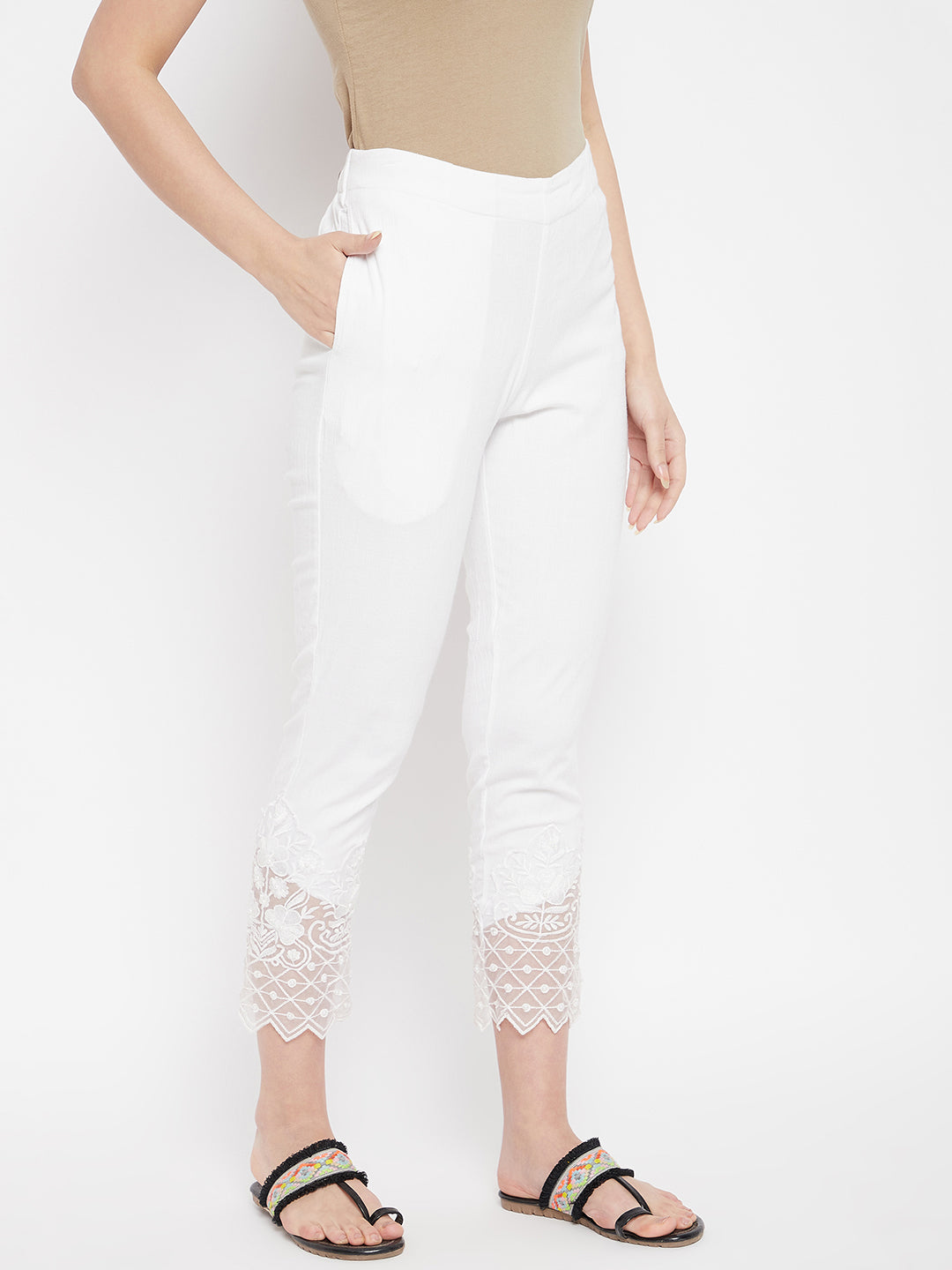White Embroidery Lace Cotton Lycra Pants
