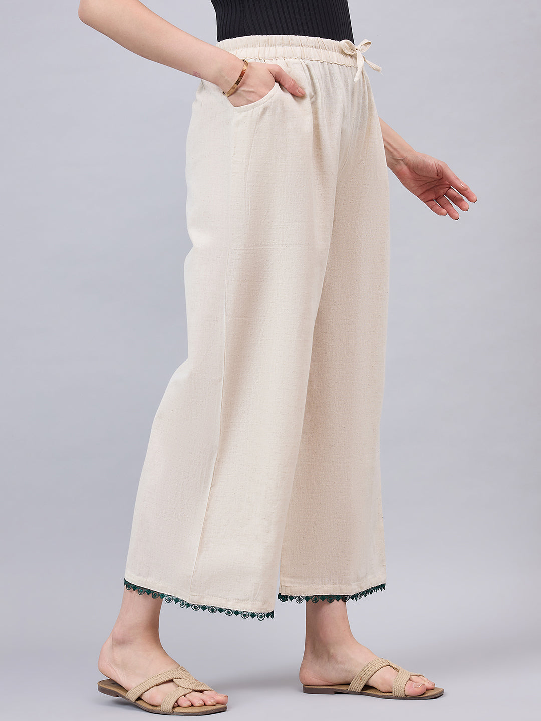 Cotton Palazzo With Dark Green Lace Detailing