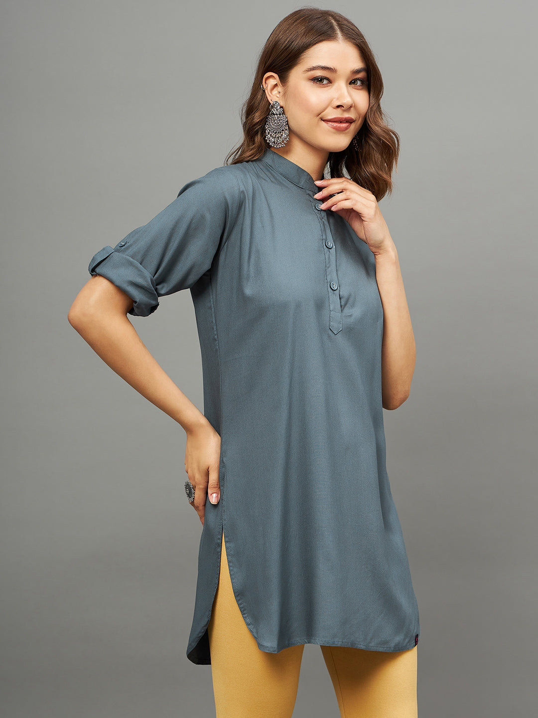 Dark Grey Solid Coloured Short Kurti - 32" Length