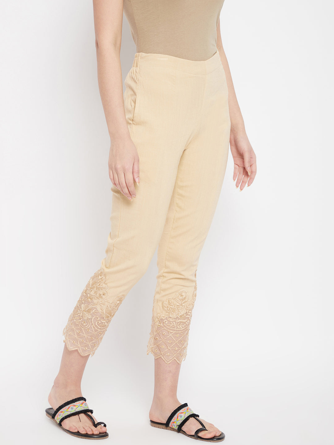 Skin Embroidery Lace Cotton Lycra Pants