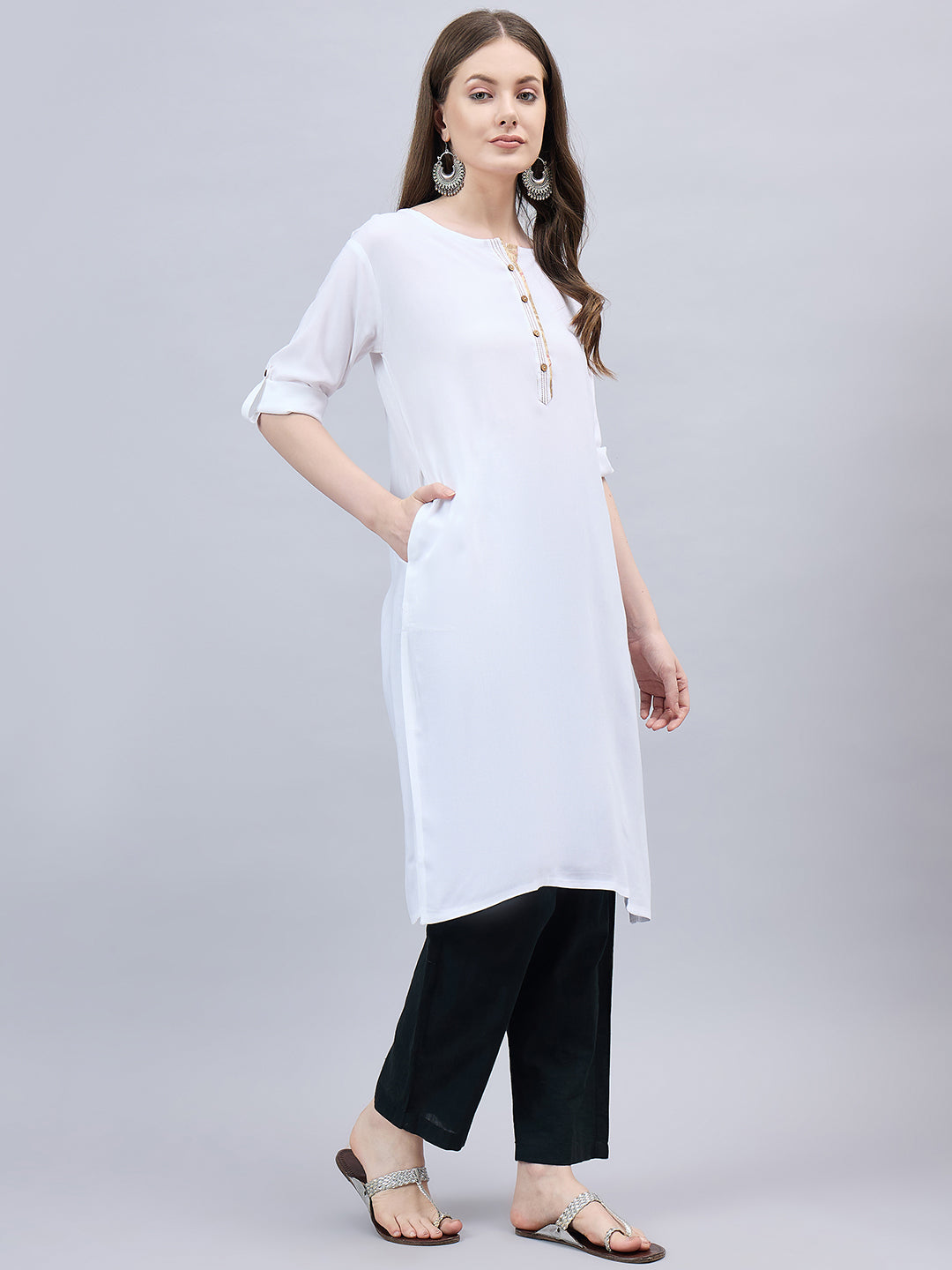White Round Neck Straight Fit Rayon Kurti L