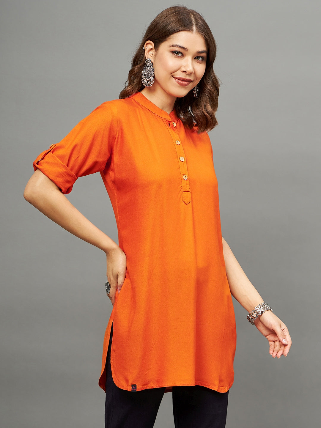 Orange Solid Coloured Short Kurti - 32"Length