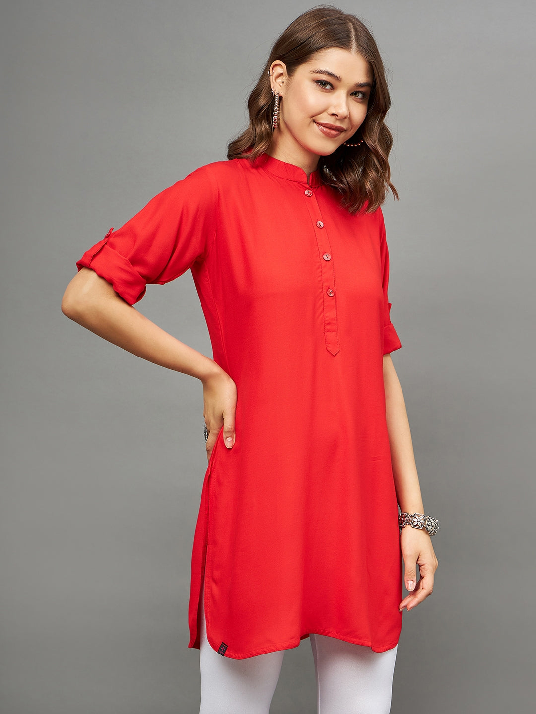 Bottle Green Solid Coloured Short Kurti - 32" Length