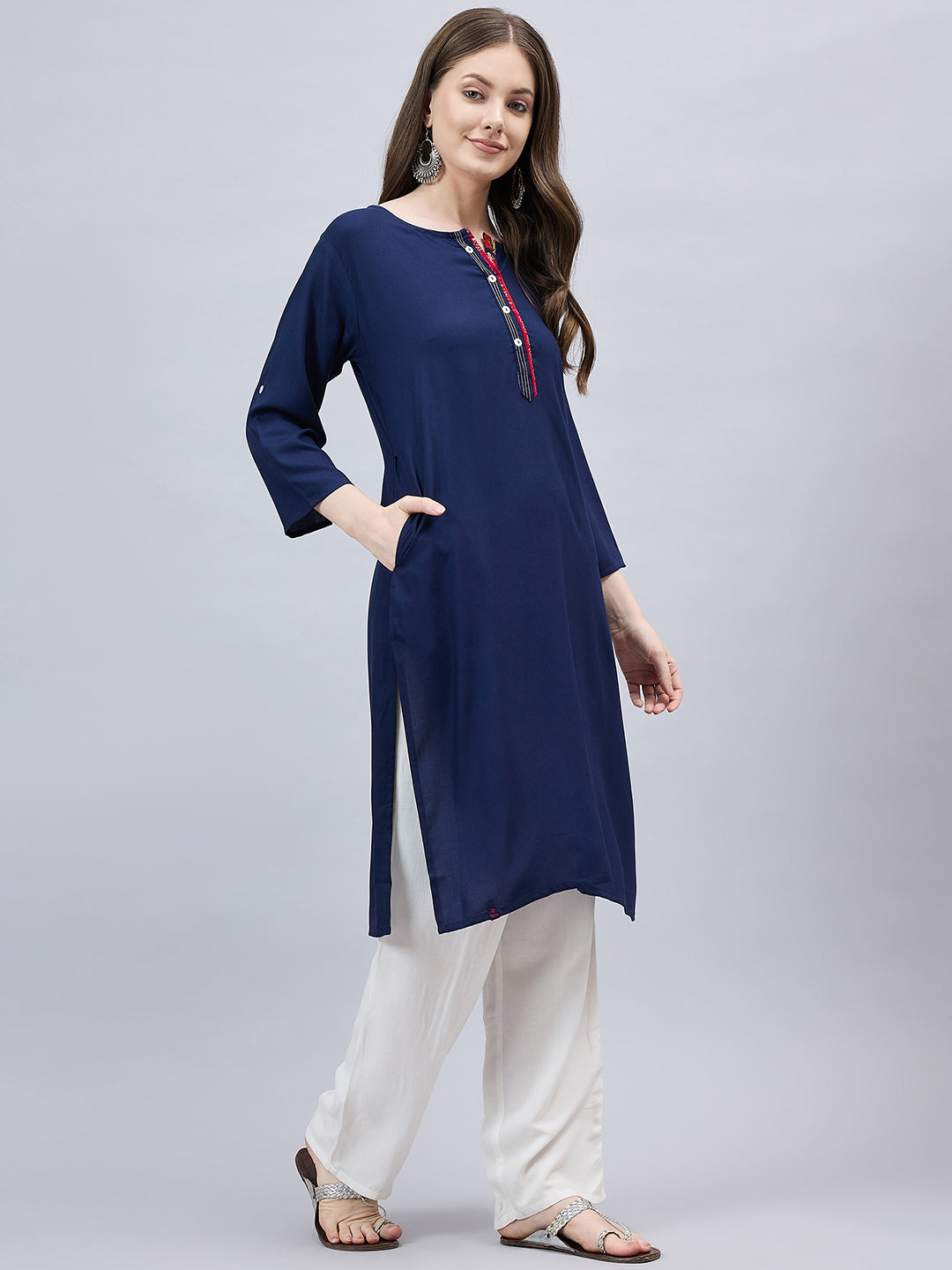 Navy Blue Round Neck Straight Fit Rayon Kurti