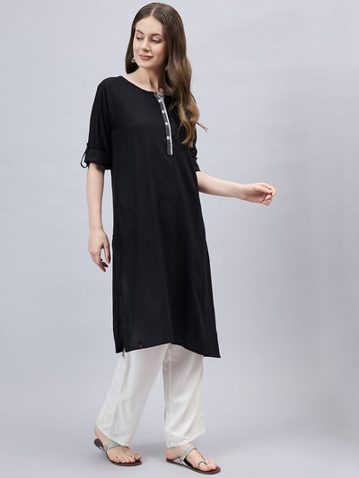 Black Round Neck Straight Fit Rayon Kurti