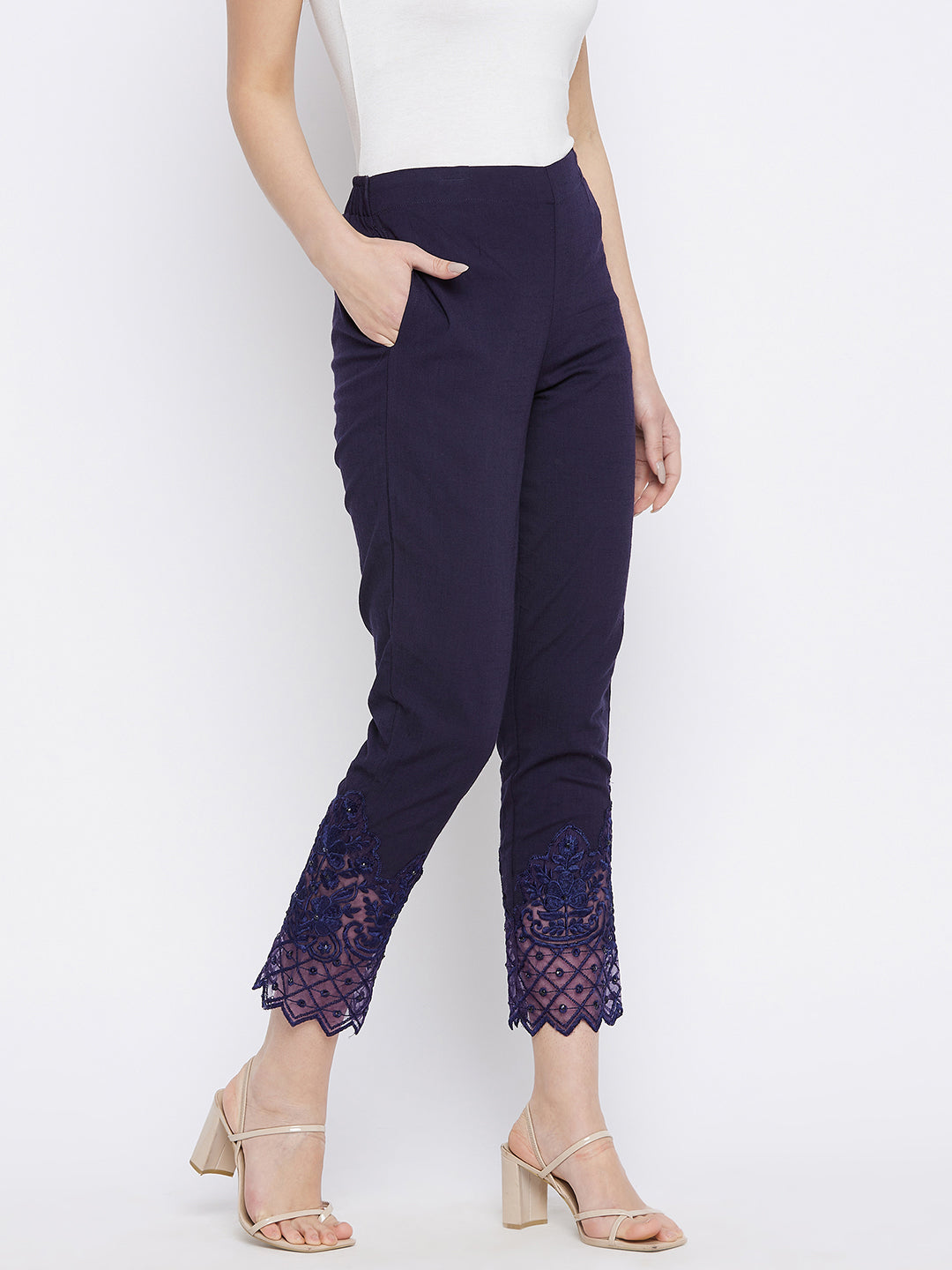Navy Blue Embroidery Lace Cotton Lycra Pants