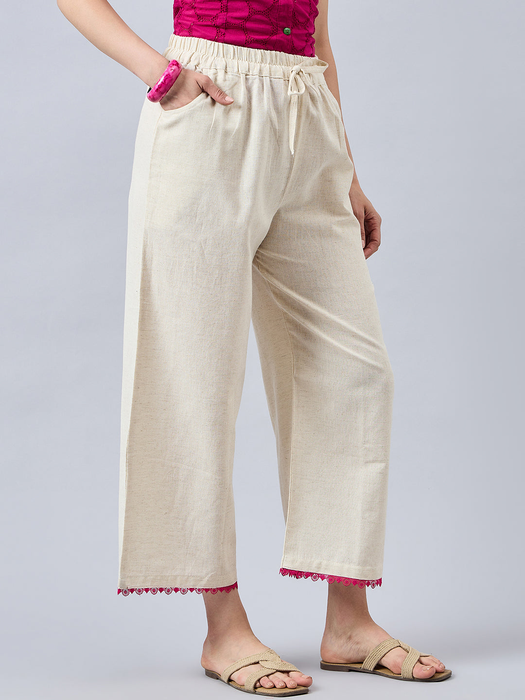 Cotton Palazzo With Rani Pink Lace Detailing