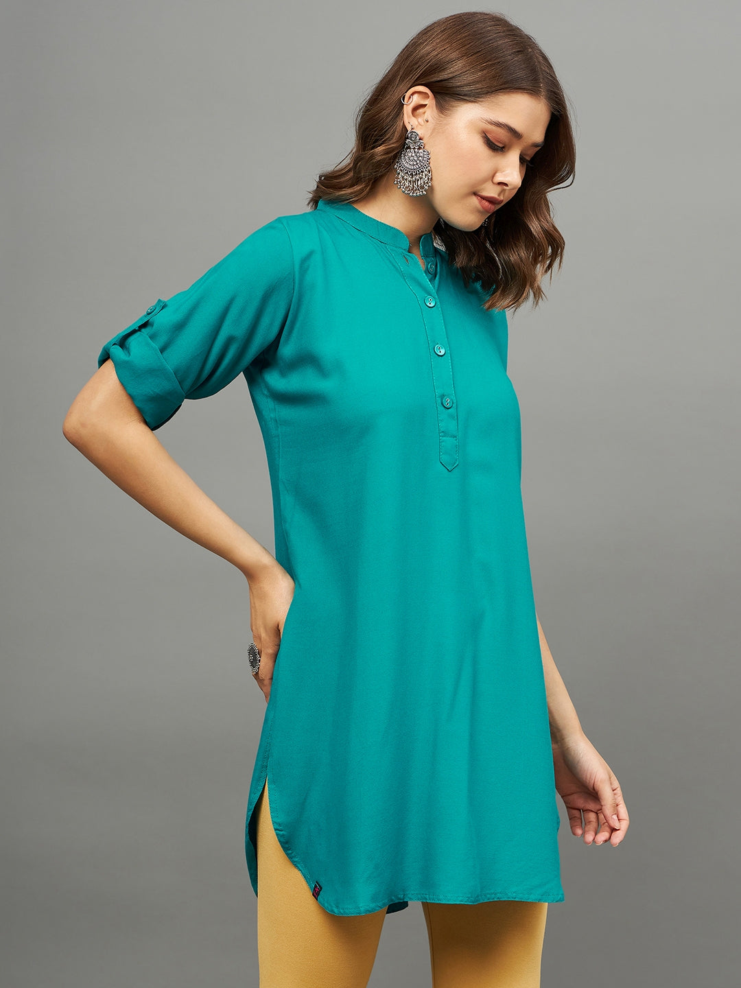 Rama Green Solid Coloured Short Kurti - 32" Length