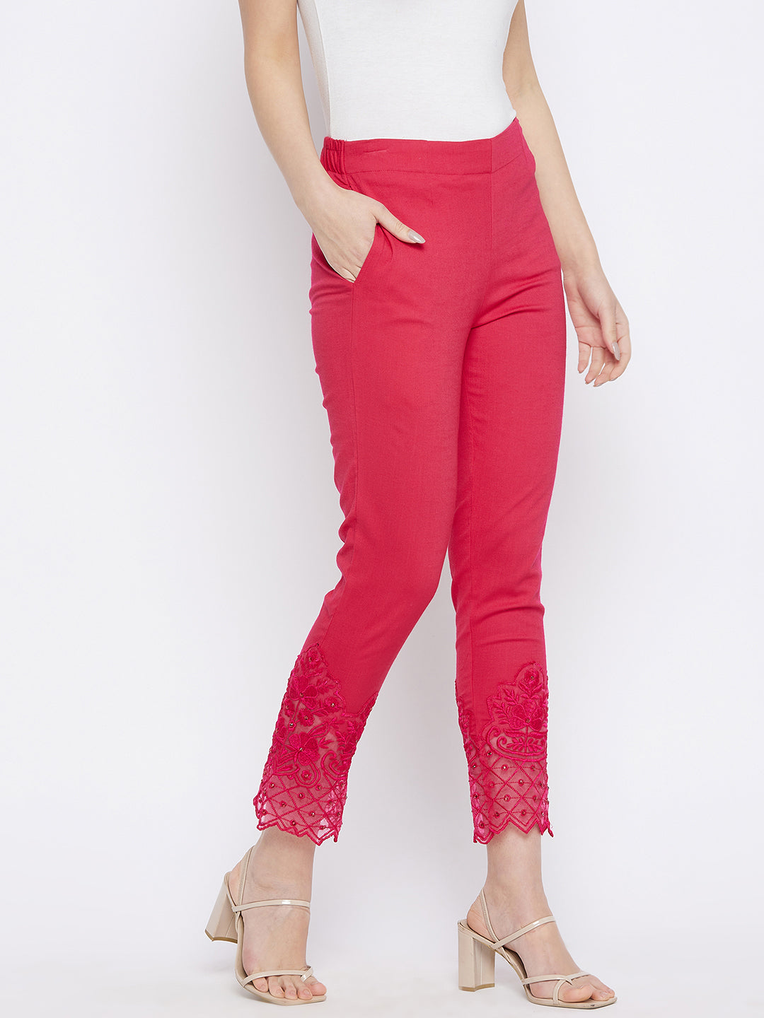 Pink Embroidery Lace Cotton Lycra Pants