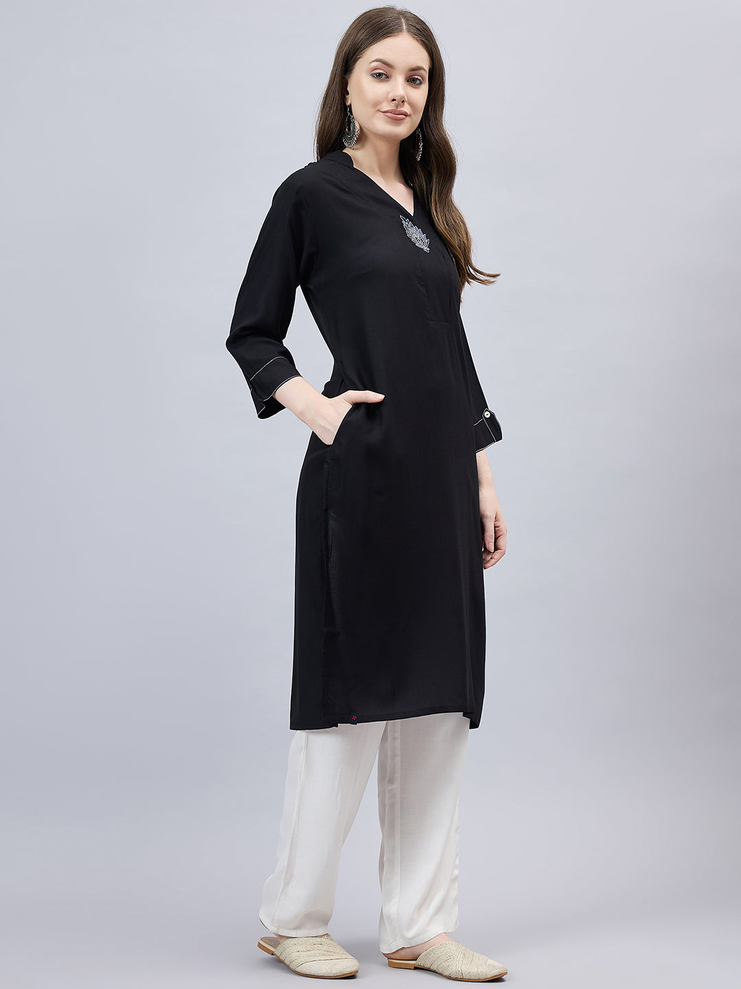 Black V-Neck Straight Fit Rayon Kurti