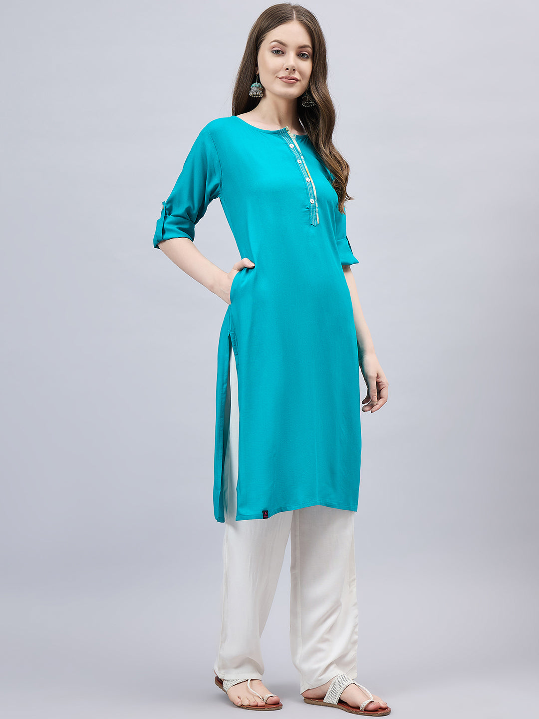 Turquoise Round Neck Straight Fit Rayon Kurti
