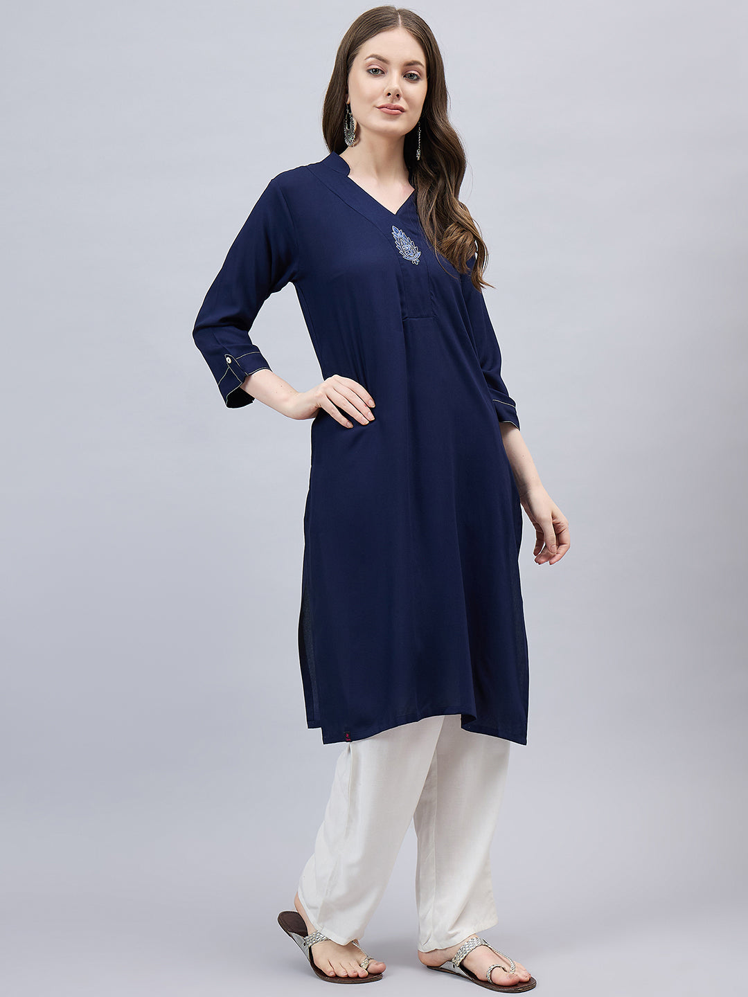 Navy Blue V-Neck Straight Fit Rayon Kurti