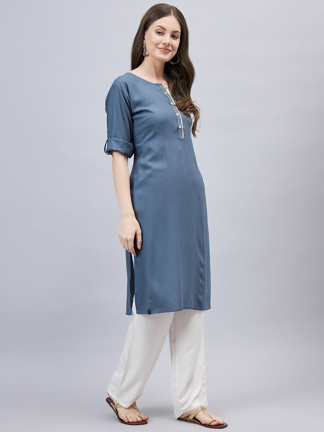 Dark Grey Round Neck Straight Fit Rayon Kurti L