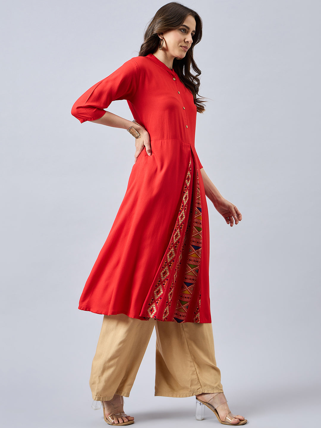 Women Mandarin Collar Anarkali Panelled Rayon Kurta