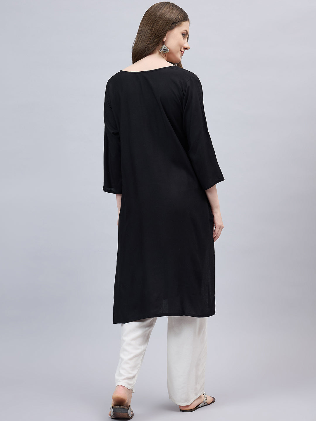Black Round Neck Straight Fit Rayon Kurti