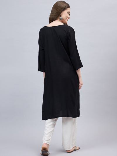 Black Round Neck Straight Fit Rayon Kurti