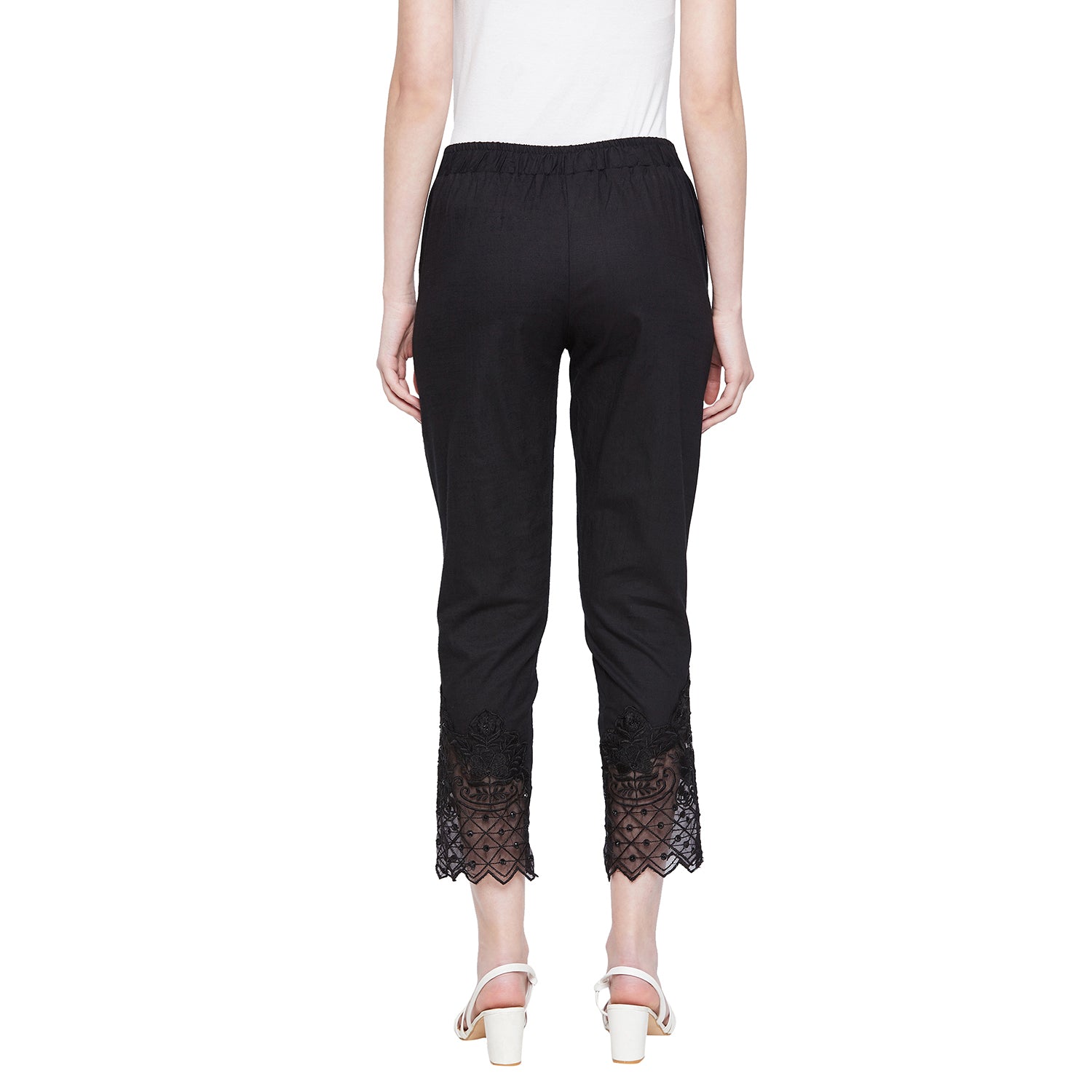 Black Embroidery Lace Cotton Lycra Pants