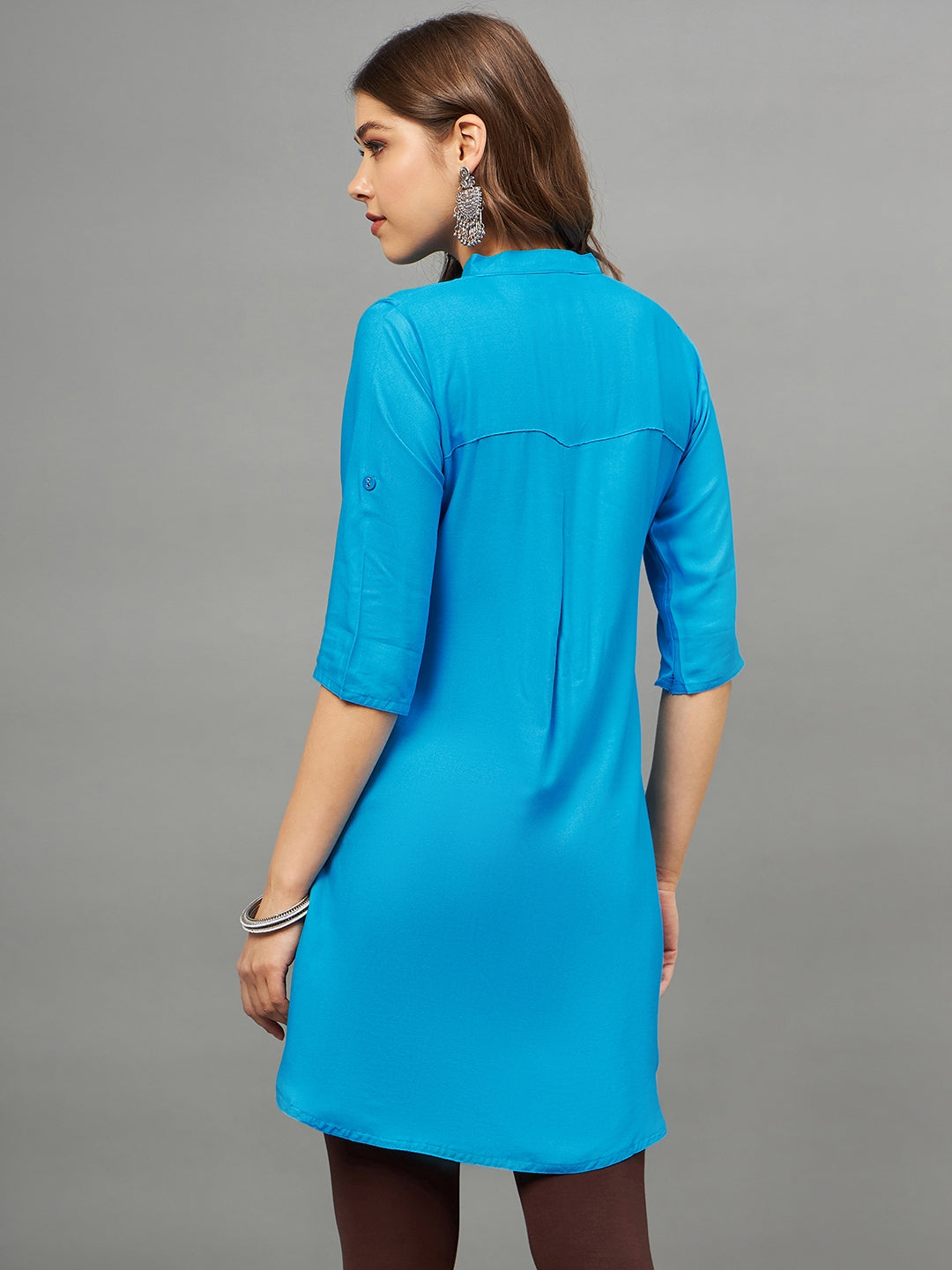 Turquoise Blue Solid Coloured Short Kurti - 32" Length