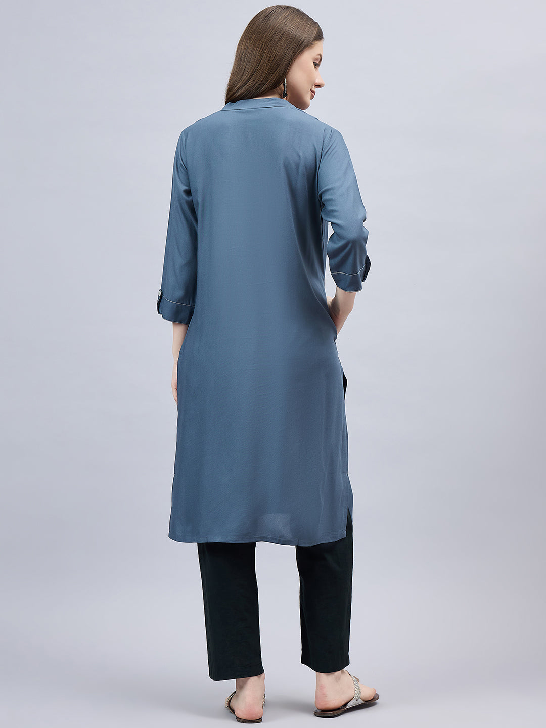 Dark Grey V-Neck Straight Fit Rayon Kurti