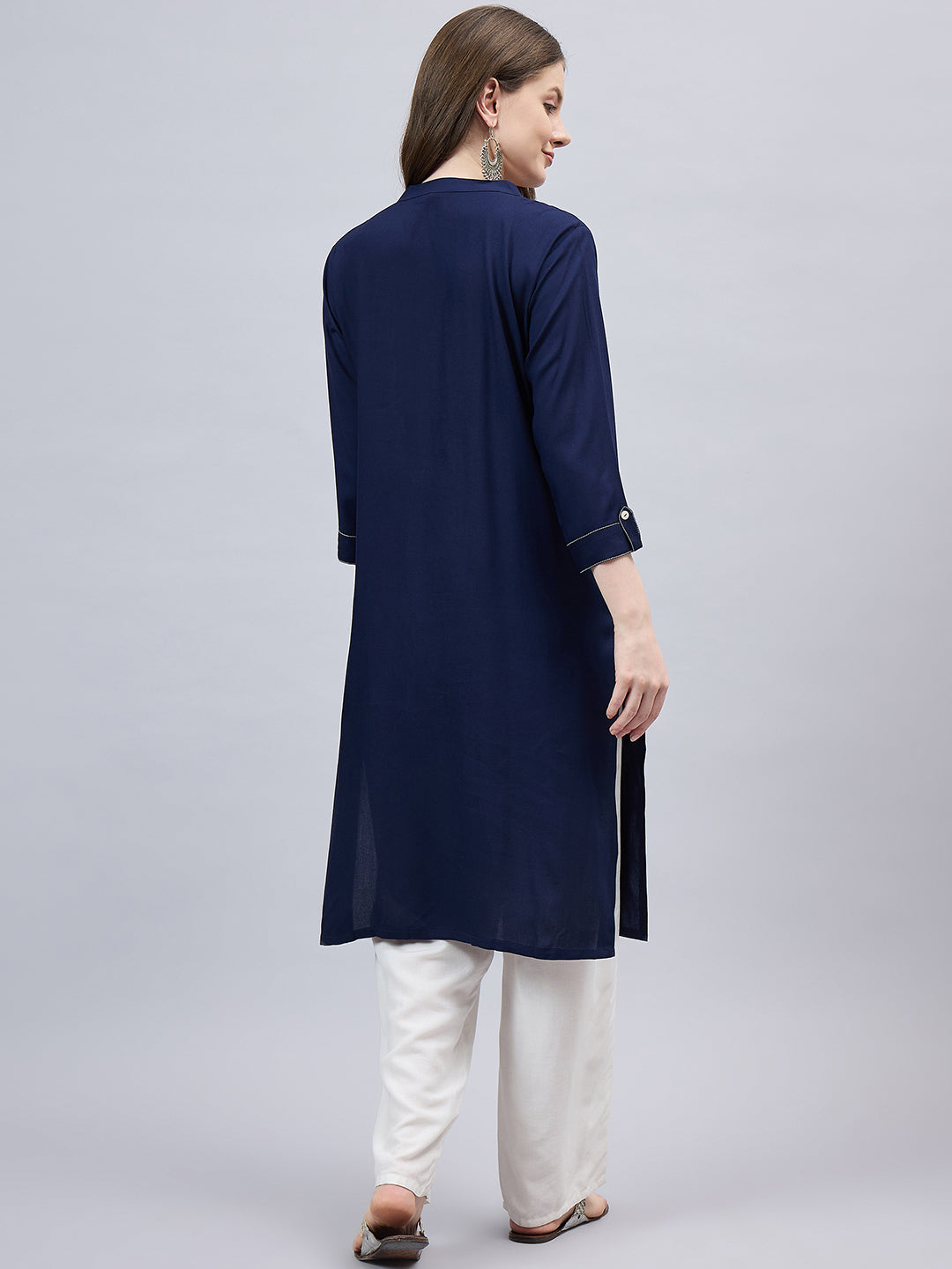 Navy Blue V-Neck Straight Fit Rayon Kurti