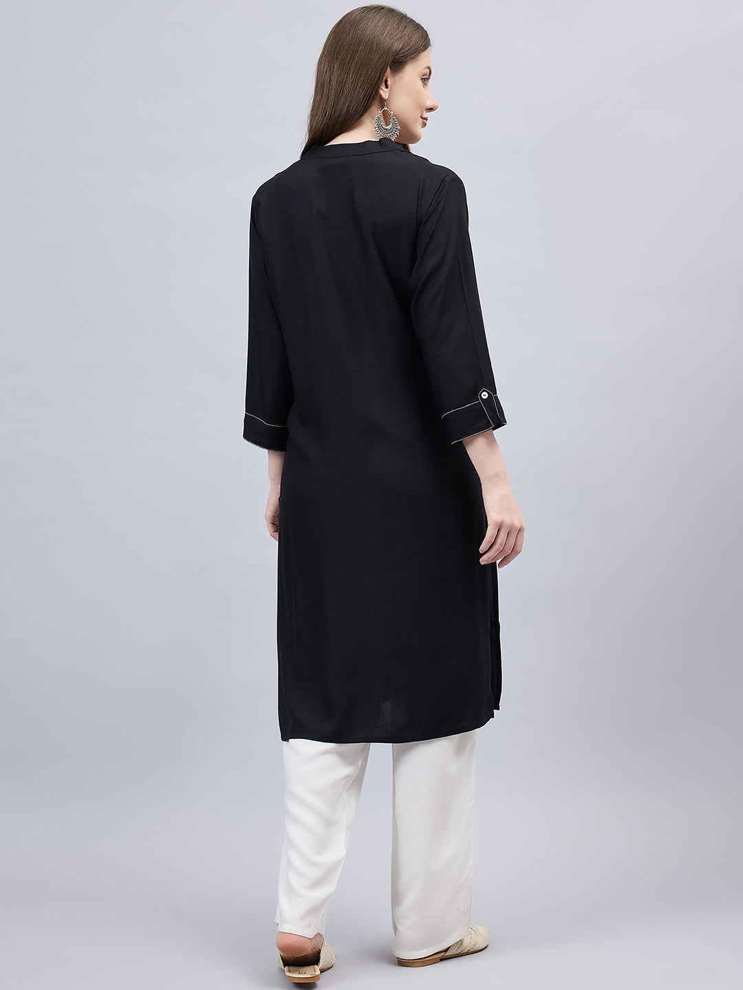 Black V-Neck Straight Fit Rayon Kurti
