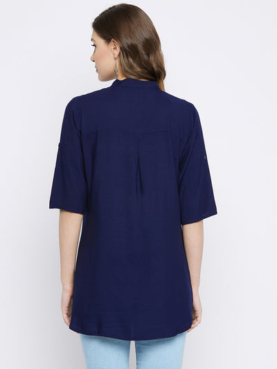 Navy Blue Solid Coloured Short Kurti - 32" Length