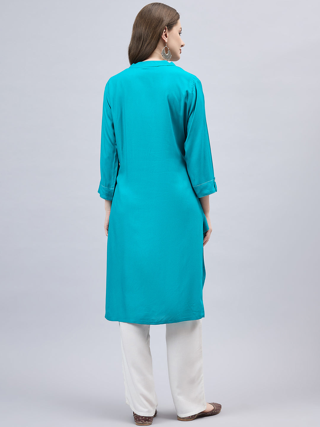 Turquoise V-Neck Straight Fit Rayon Kurti