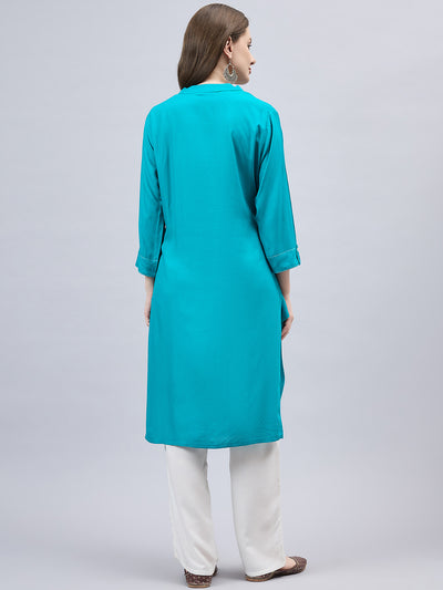 Turquoise V-Neck Straight Fit Rayon Kurti
