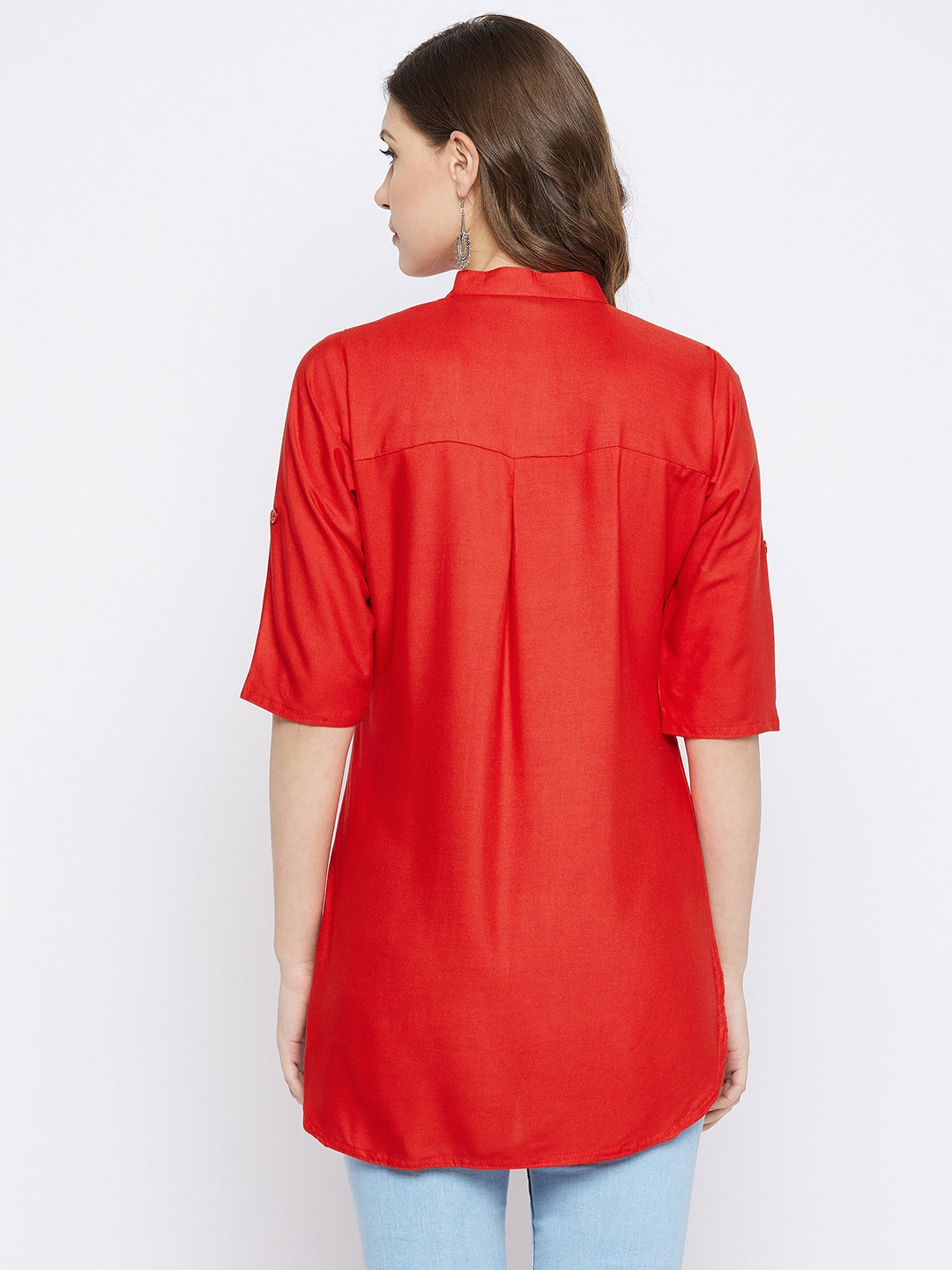 Red Solid Coloured Short Kurti - 32" Length