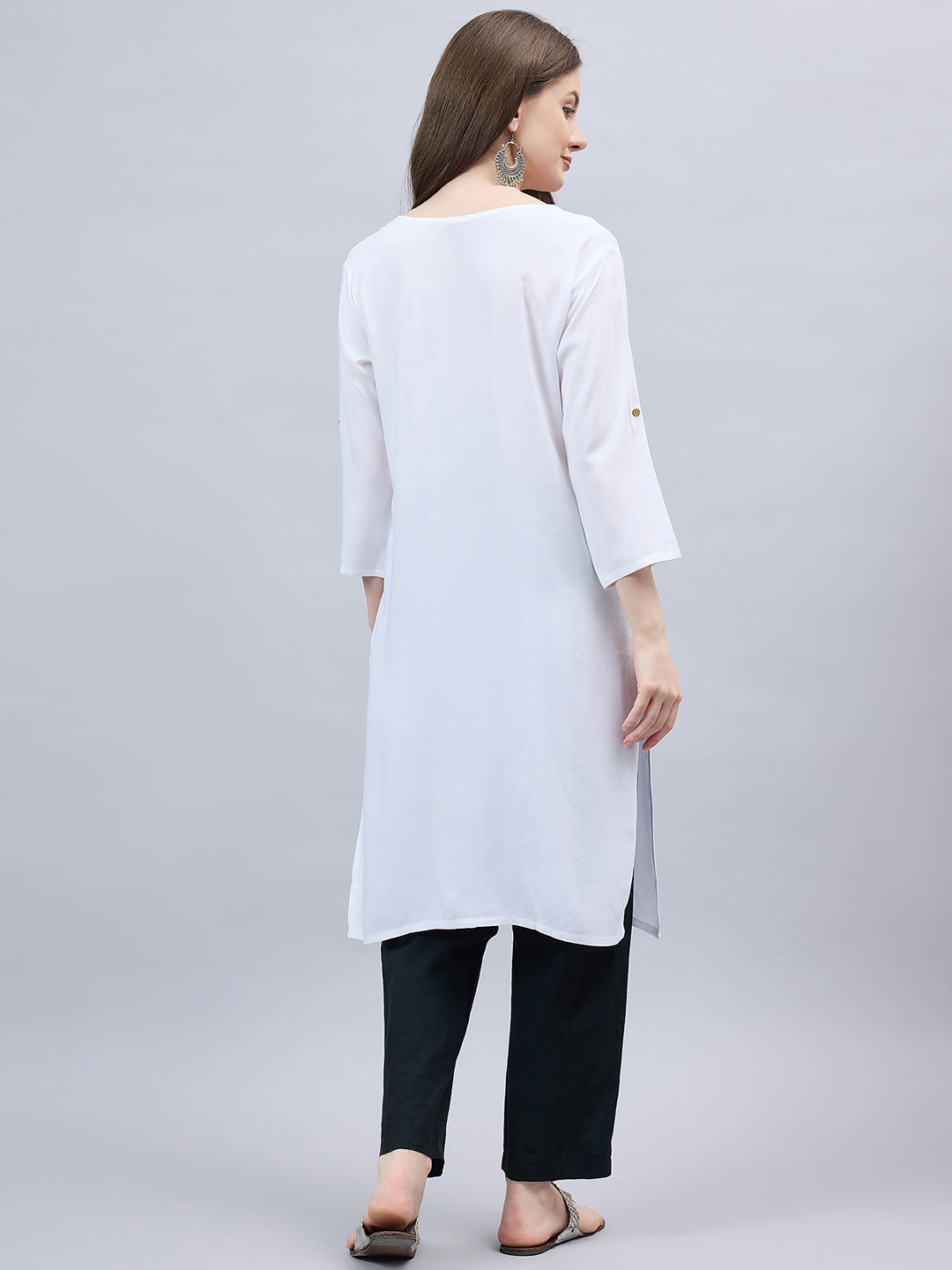 White Round Neck Straight Fit Rayon Kurti