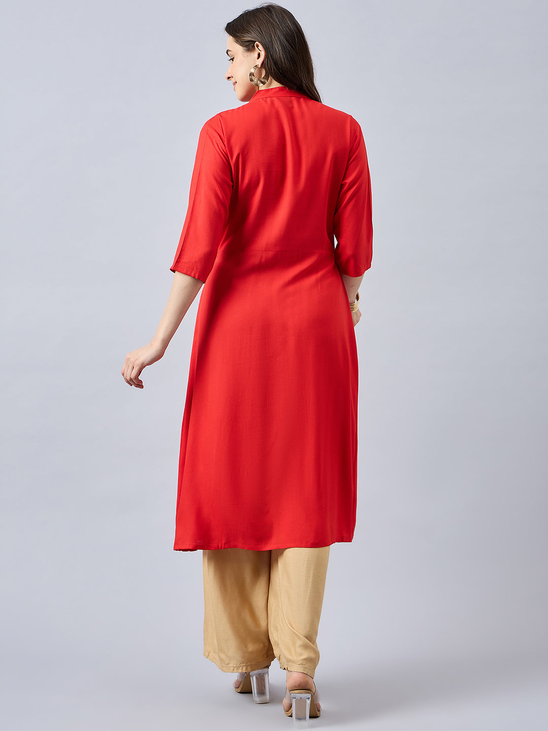 Women Mandarin Collar Anarkali Panelled Rayon Kurta