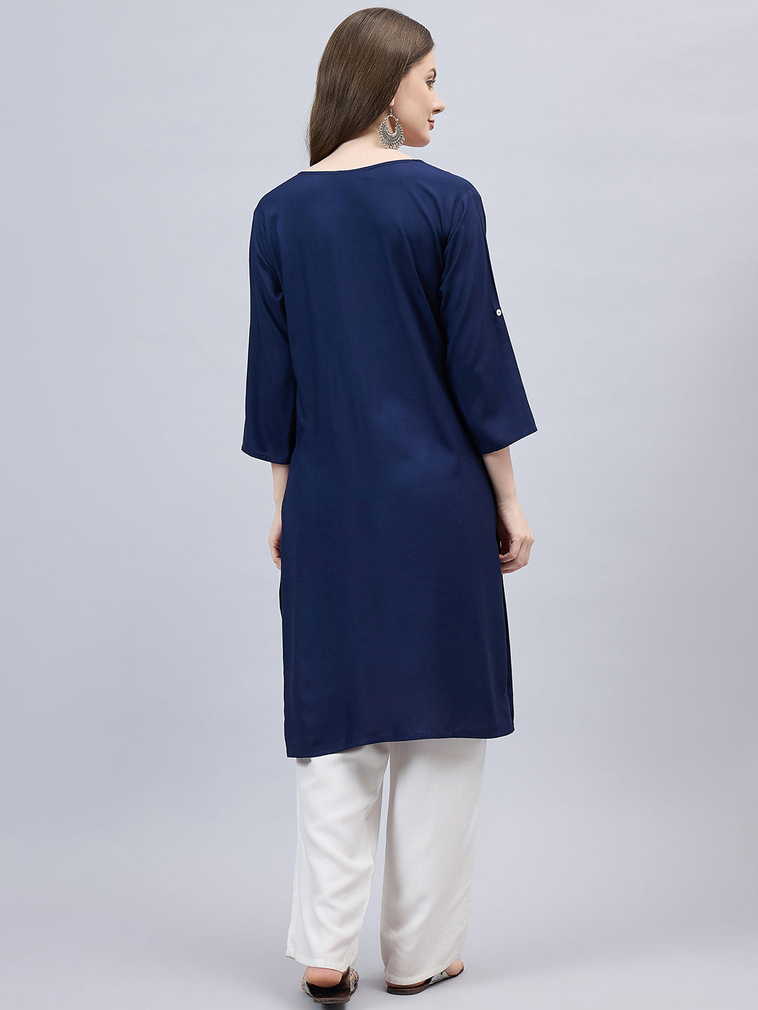 Navy Blue Round Neck Straight Fit Rayon Kurti L