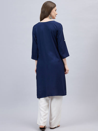 Navy Blue Round Neck Straight Fit Rayon Kurti L
