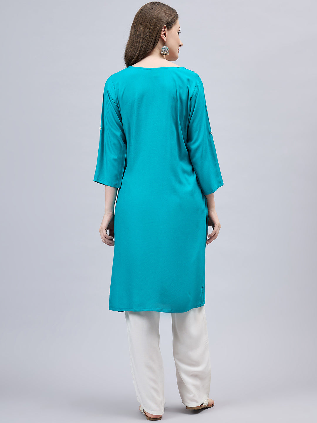 Turquoise Round Neck Straight Fit Rayon Kurti