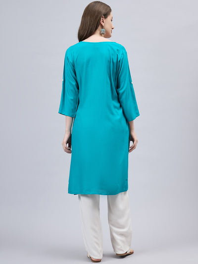 Turquoise Round Neck Straight Fit Rayon Kurti